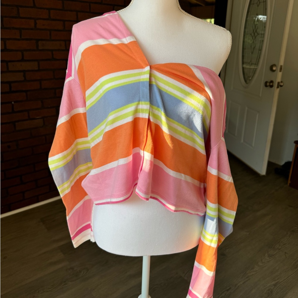 Liz‎ Claiborne LizSport Striped Cardigan Large 100% Cotton Pastel